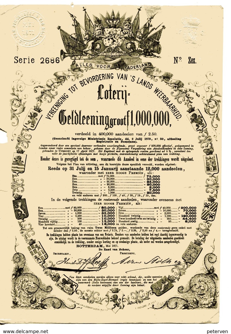 Vereeniging Tot Bevordering Van 's Lands Weerbarheid: LOTERIJ-GELDLEENING (1871) - 2 Titres - Banque & Assurance