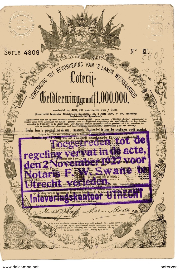 Vereeniging Tot Bevordering Van 's Lands Weerbarheid: LOTERIJ-GELDLEENING (1871) - 2 Titres - Banque & Assurance