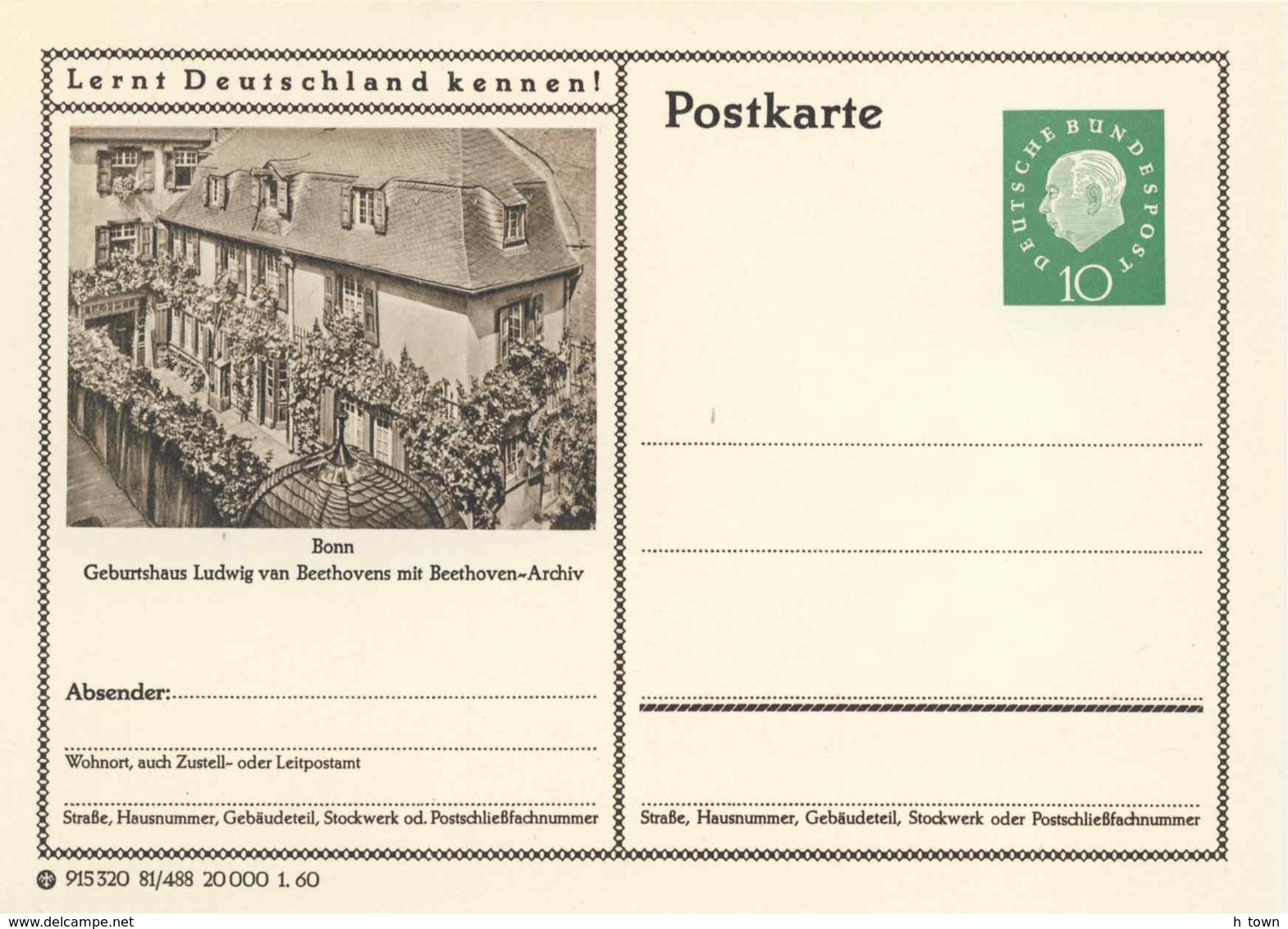 7200  Ludwig Van Beethoven: Entier (c.p.) D'Allemagne, 1960 -  Beethoven House, Bonn: Stationery Postcard From Germany - Musique