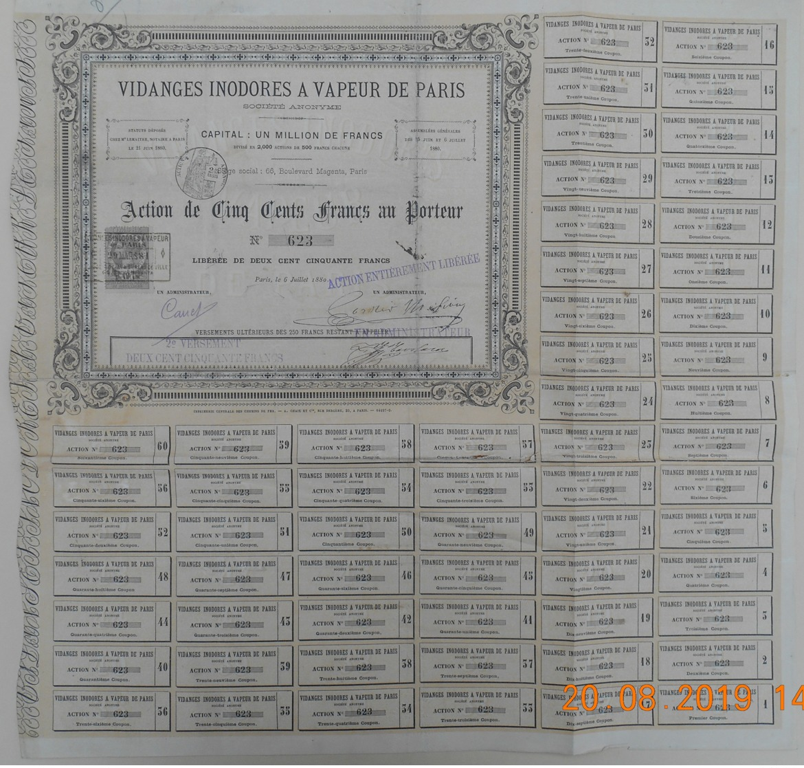 ACTION De La S.A. Des VIDANGES INODORES à VAPEUR De PARIS Du 06 Juillet 1880 - Industrie