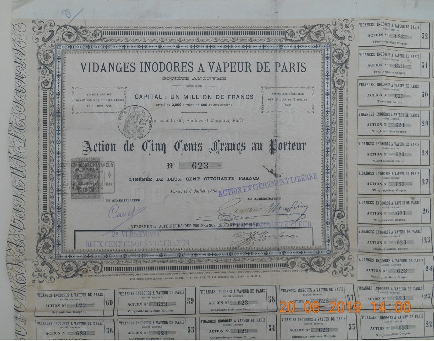 ACTION De La S.A. Des VIDANGES INODORES à VAPEUR De PARIS Du 06 Juillet 1880 - Industrie