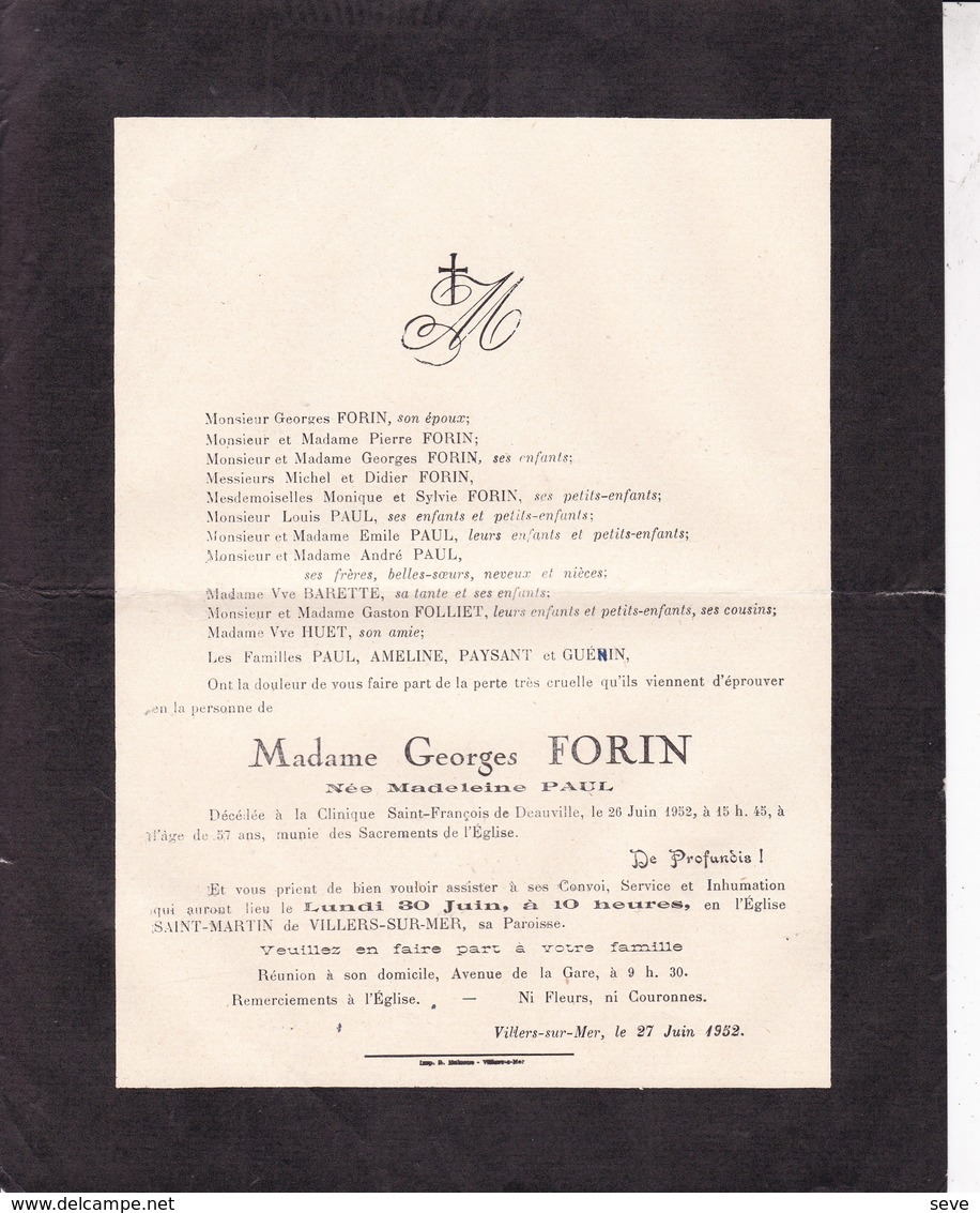 DEAUVILLE VILLERS-sur-MER Madeleine PAUL épouse Georges FORIN 57 Ans 1952 - Décès