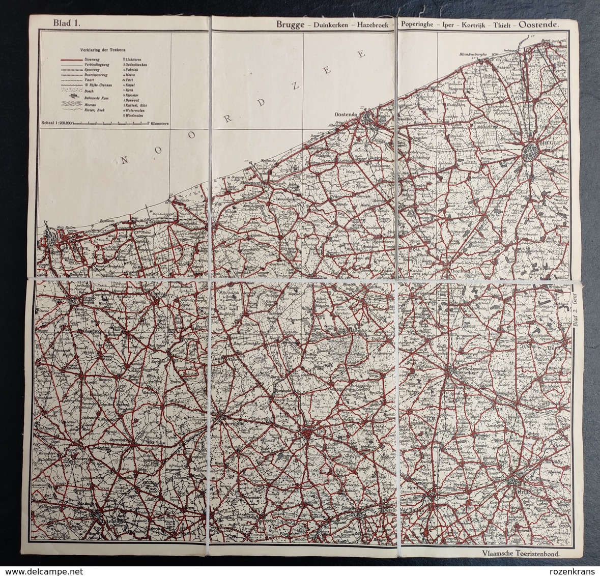 Oude Geografische Kaart (Jaren'20) VTB Ieper Brugge Oostende Diksmuide Nieuwpoort Blankenberghe Kortrijk Roeselare Tielt - Cartes Géographiques