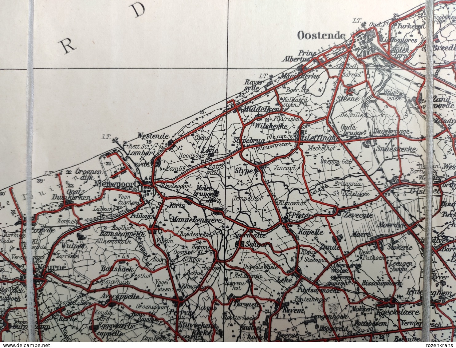 Oude Geografische Kaart (Jaren'20) VTB Ieper Brugge Oostende Diksmuide Nieuwpoort Blankenberghe Kortrijk Roeselare Tielt