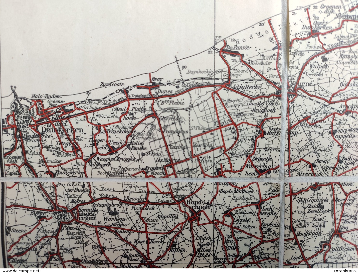 Oude Geografische Kaart (Jaren'20) VTB Ieper Brugge Oostende Diksmuide Nieuwpoort Blankenberghe Kortrijk Roeselare Tielt