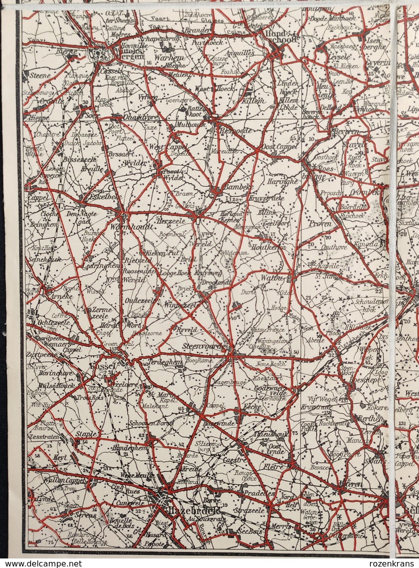 Oude Geografische Kaart (Jaren'20) VTB Ieper Brugge Oostende Diksmuide Nieuwpoort Blankenberghe Kortrijk Roeselare Tielt