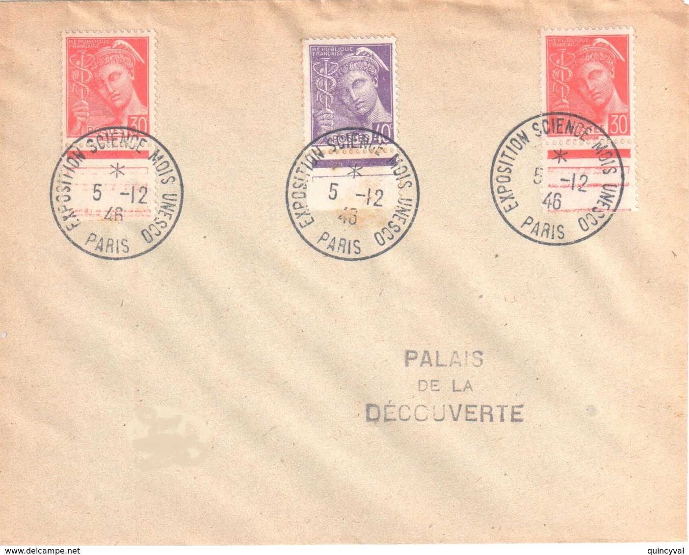 PARIS Lettre Mercure 30c Rouge 40c Violet Yv 412 413 Ob Exposition Sciences Mois UNESCO 1946 - Covers & Documents