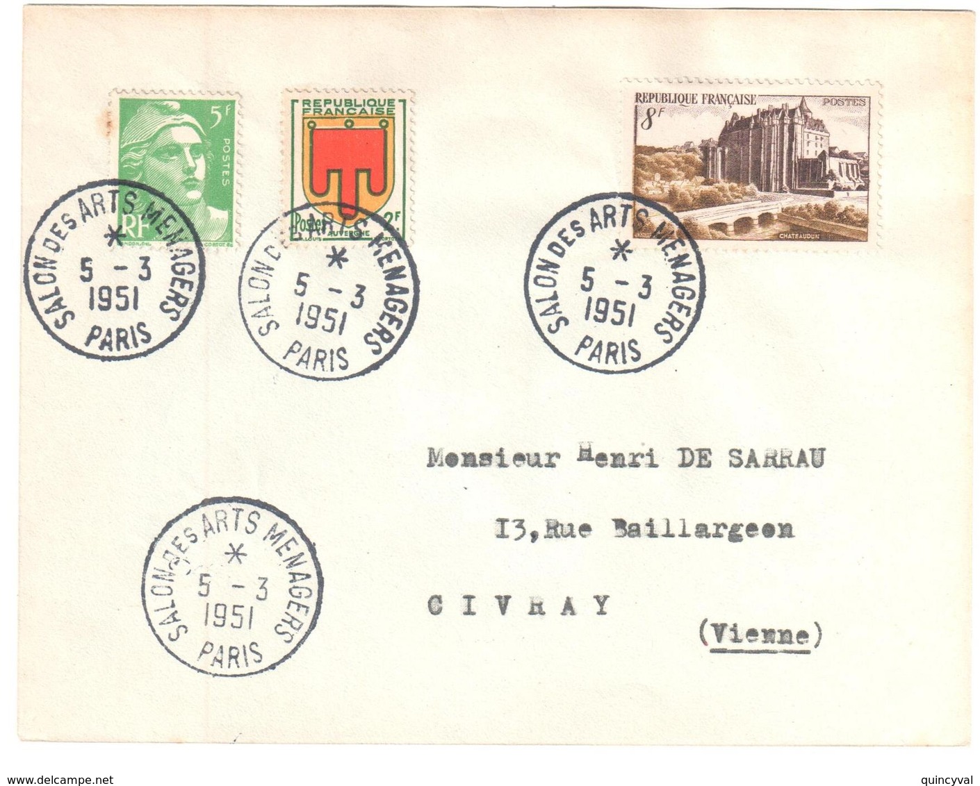 PARIS Lettre Ob Salon Des Arts Menagers 1951 5F Gandon Vert 2F Blason Auvergne 8F Châteaudun Yv 809 873 837 - Brieven En Documenten