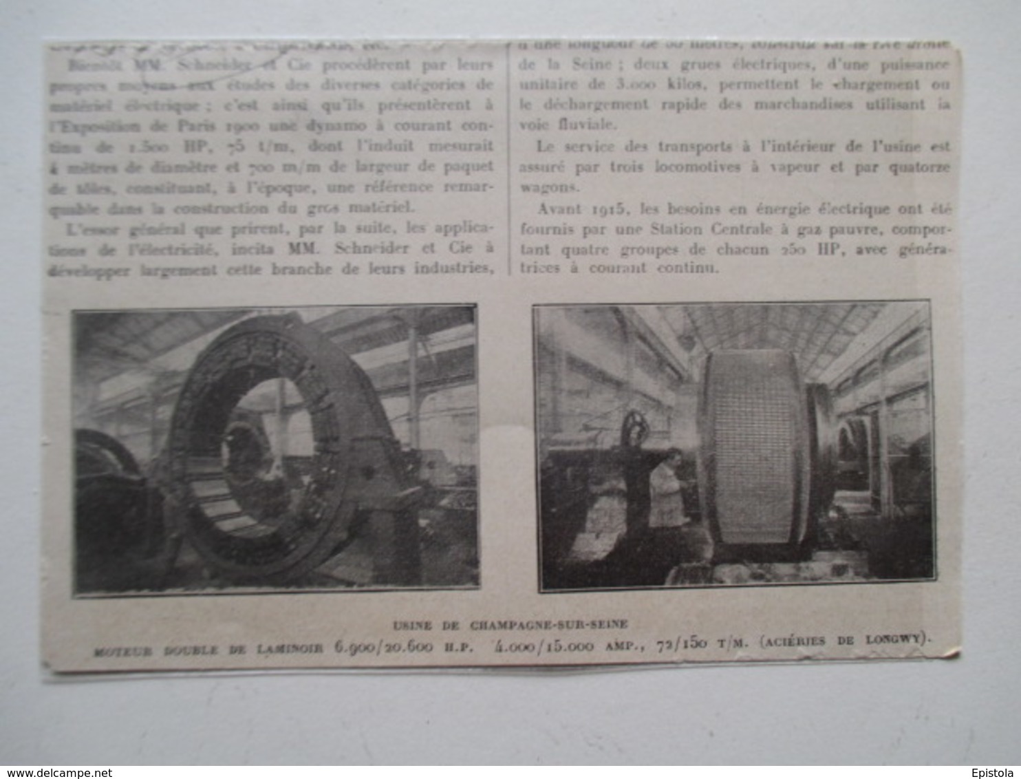 CHAMPAGNE SUR SEINE   (77)  Usine SCHNEIDER Moteur De Double Laminoir   - Coupure De Presse De 1923 - Andere Toestellen