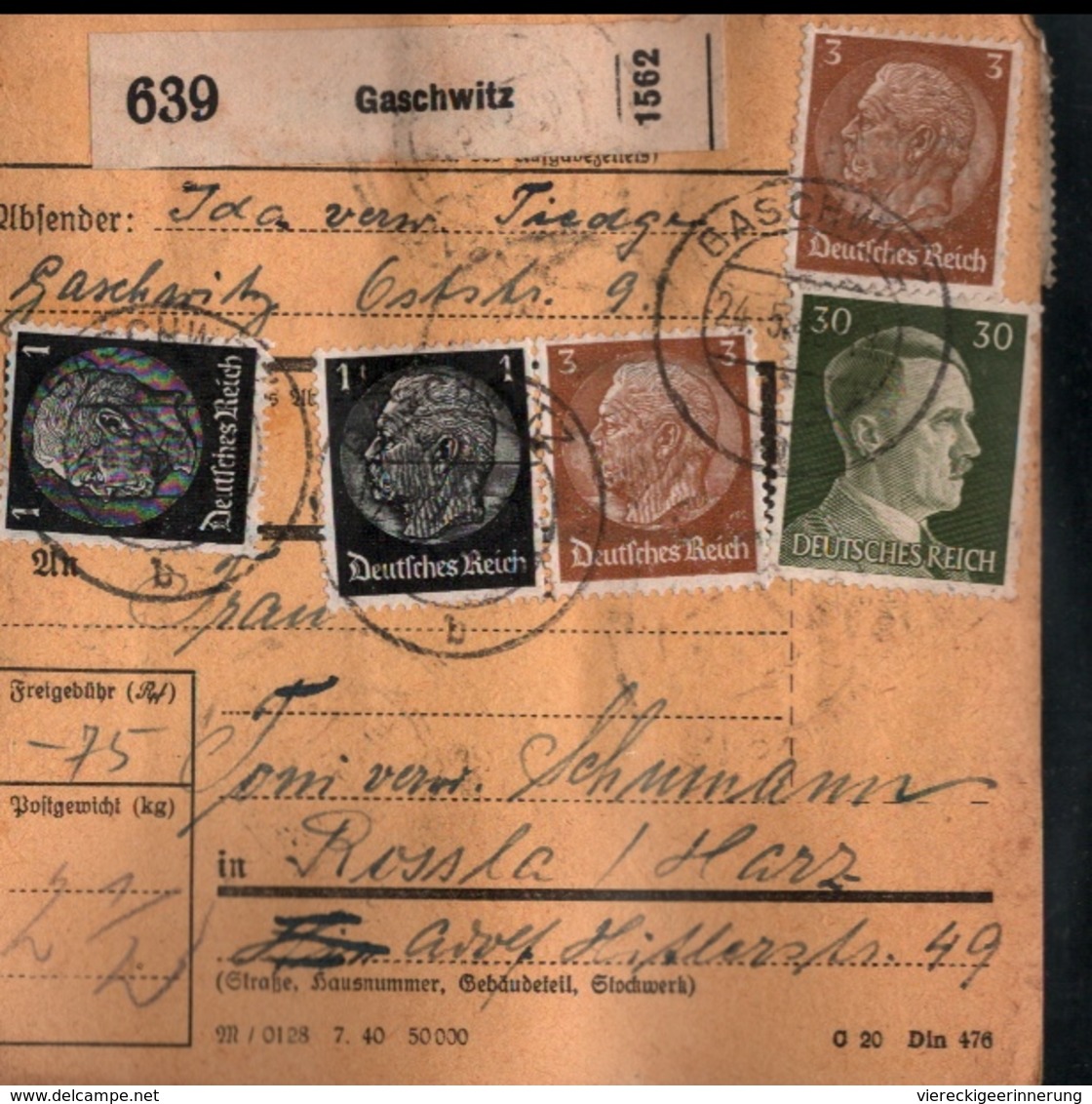 ! 1943 Paketkarte Deutsches Reich, Gaschwitz Nach Rossla , Zusammendrucke - Briefe U. Dokumente