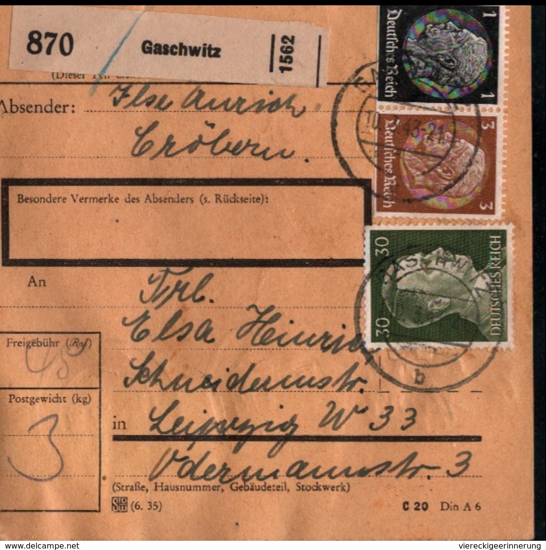 ! 1943 Paketkarte Deutsches Reich, Gaschwitz Nach Leipzig , Zusammendrucke - Briefe U. Dokumente