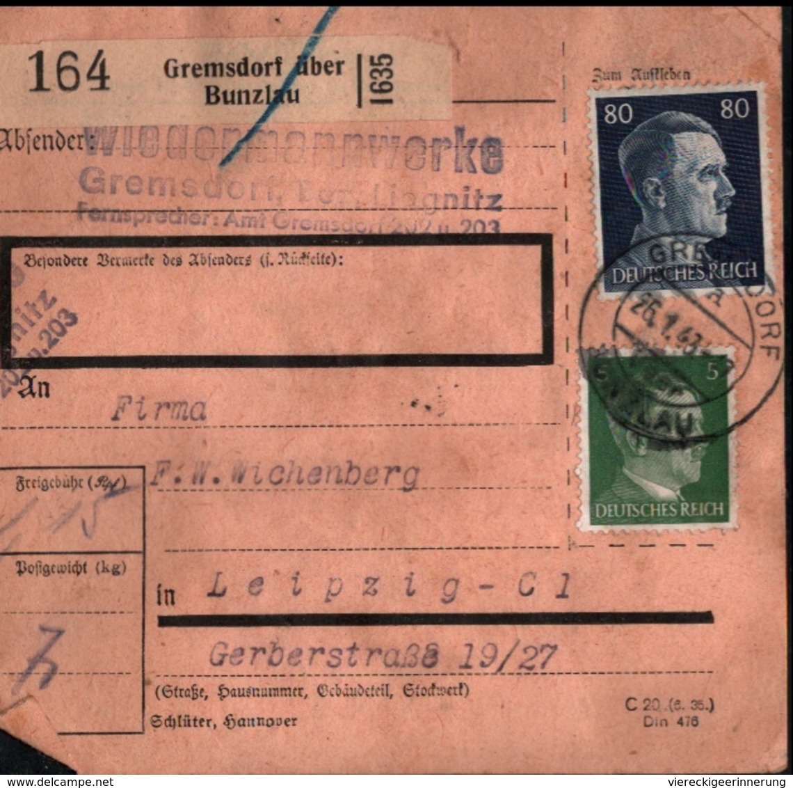 ! 1943 Paketkarte Deutsches Reich, Gremsdorf über Bunzlau Nach Leipzig , Zusammendrucke - Briefe U. Dokumente