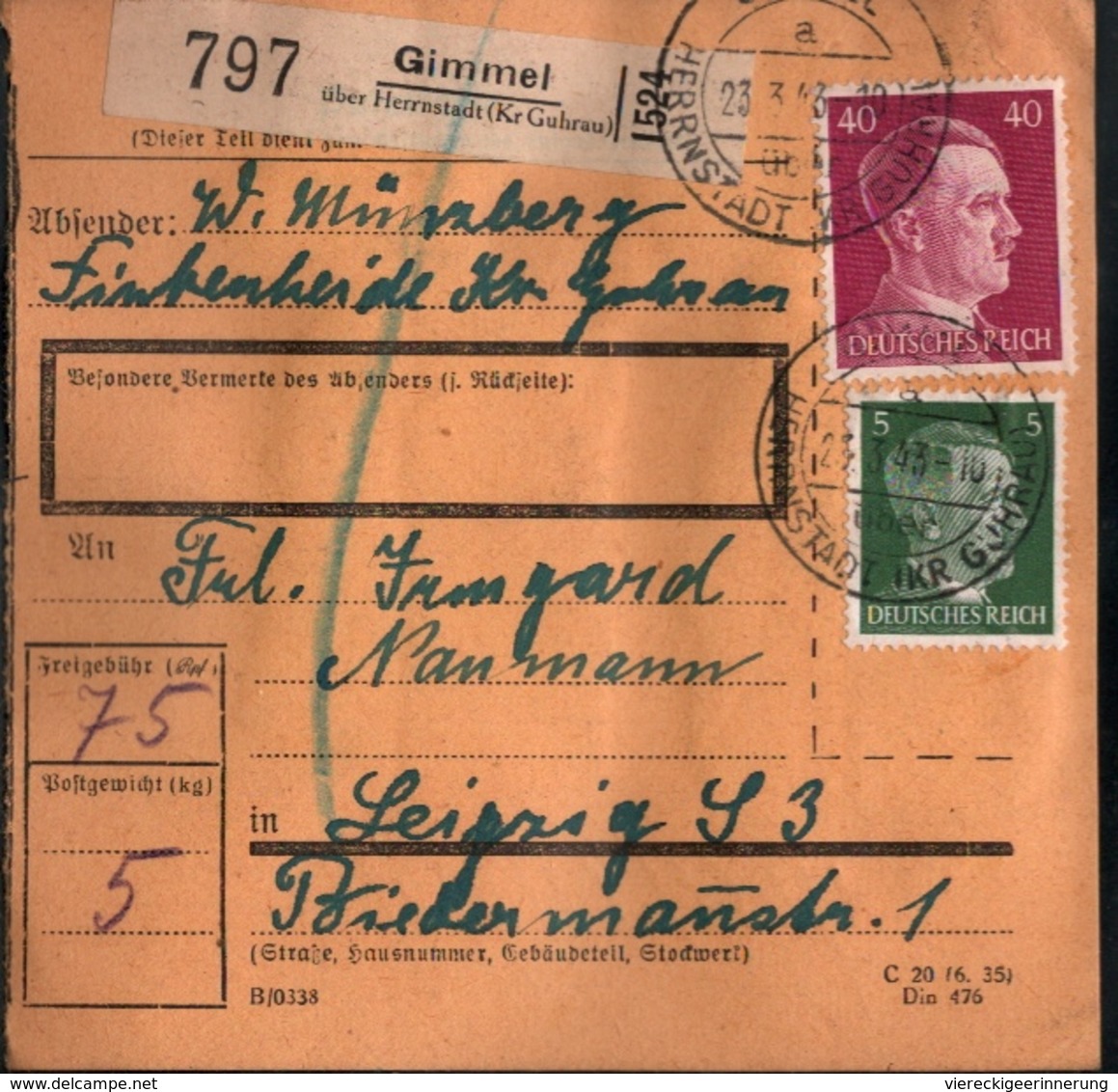 ! 1943 Paketkarte Deutsches Reich, Gimmel über Herrnstadt Kreis Guhrau Nach Leipzig , Zusammendrucke - Briefe U. Dokumente