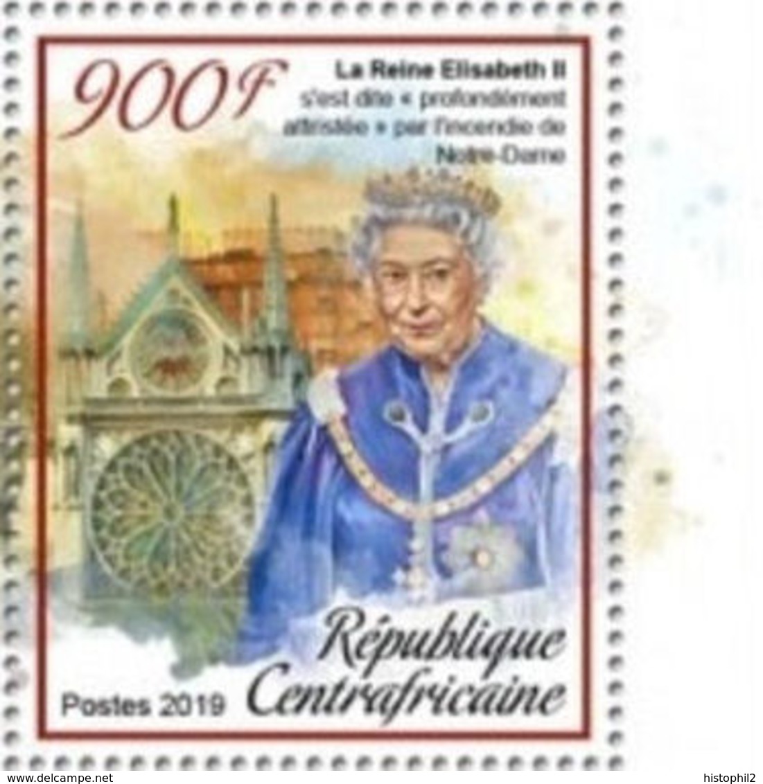 Notre Dame De Paris En Feu Déclaration De La Reine Elizabeth II Sur TP Neuf** De Rép Centrafricaine De 2019 - Chiese E Cattedrali