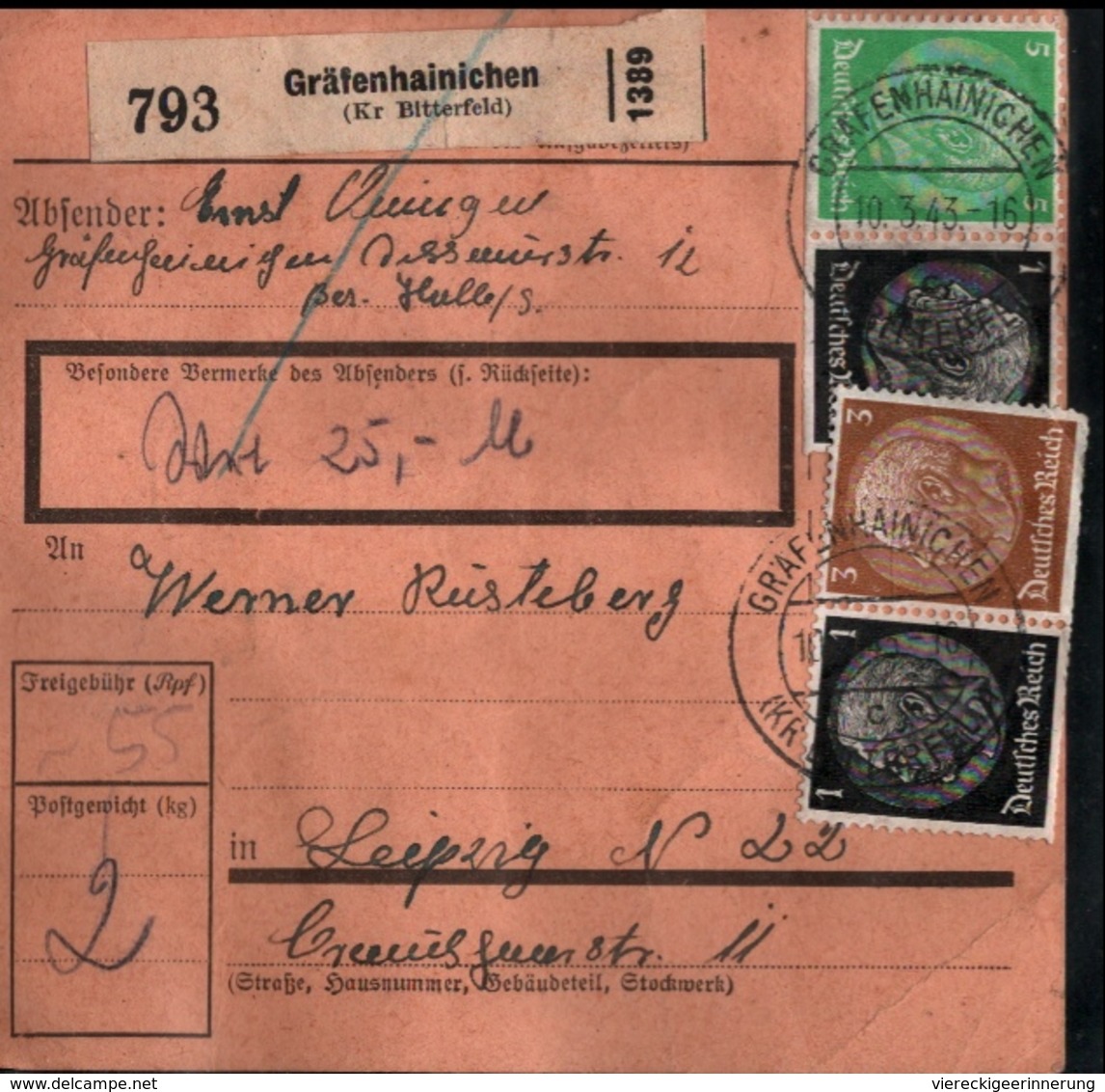 ! 1943 Paketkarte Deutsches Reich, Gräfenhainichen Nach Leipzig, Zusammendrucke - Briefe U. Dokumente