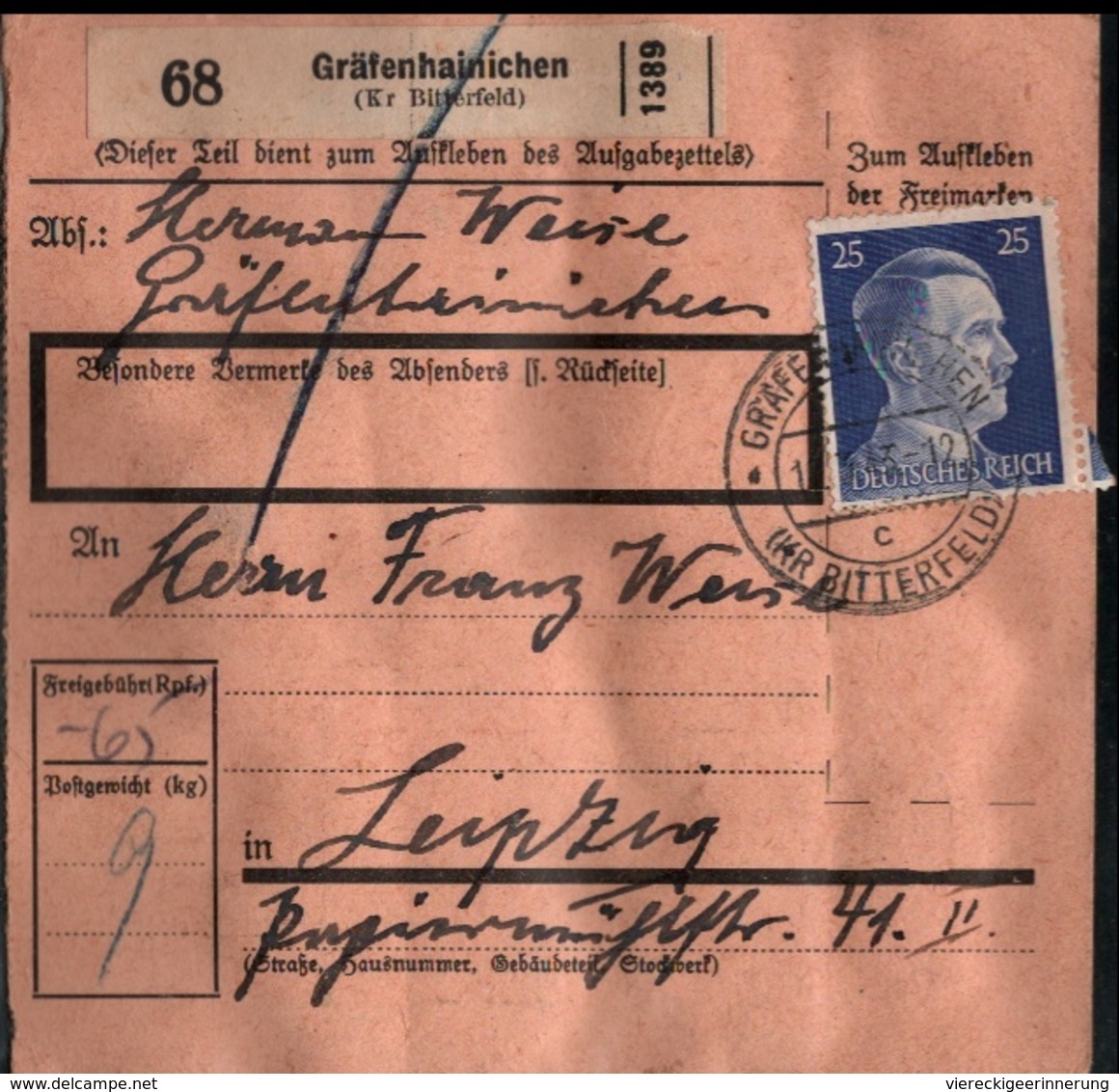 ! 1943 Paketkarte Deutsches Reich, Gräfenhainichen Nach Leipzig, Zusammendrucke - Briefe U. Dokumente