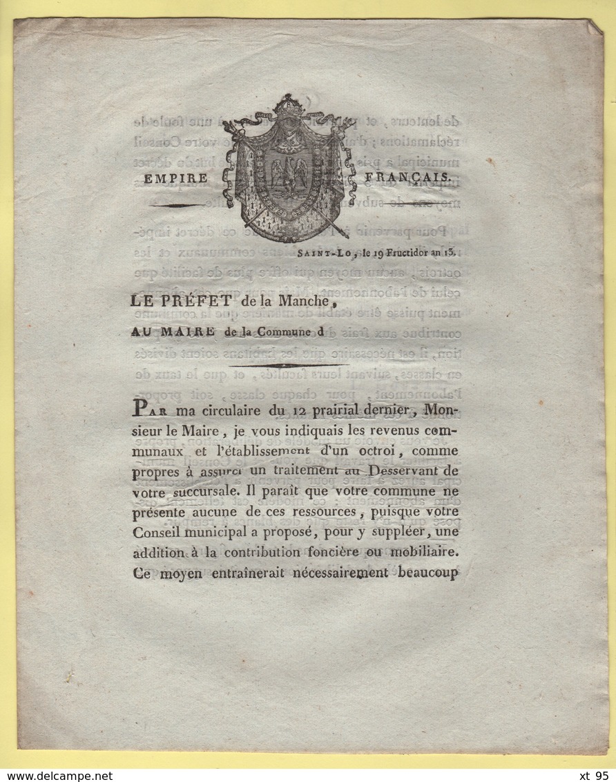 Prefet De La Manche - 19 Fructidor An 13 - Revenus Communaux Et Etablissement Octroi - Historical Documents