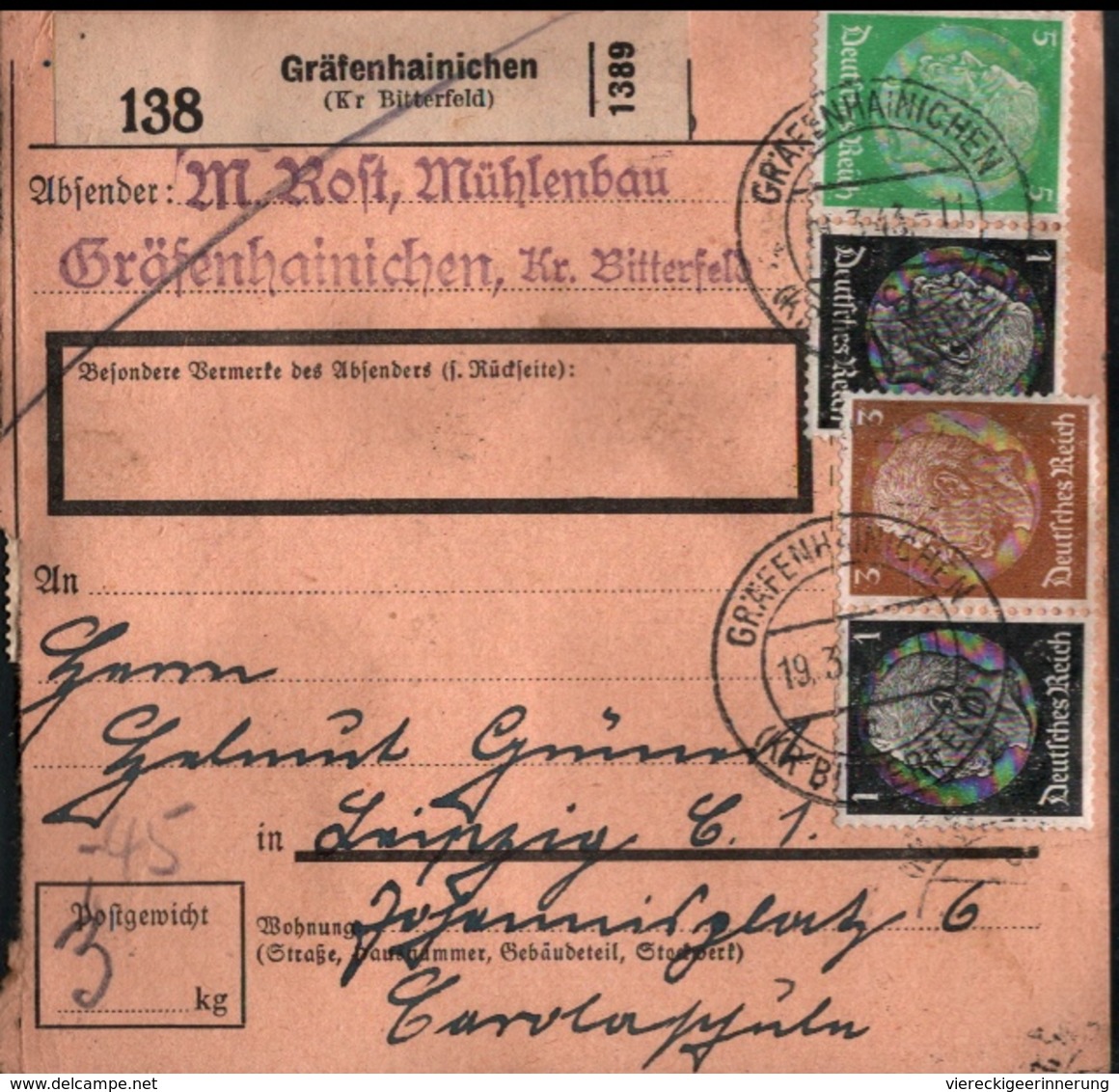 ! 1943 Paketkarte Deutsches Reich, Gräfenhainichen Nach Leipzig, Zusammendrucke - Briefe U. Dokumente