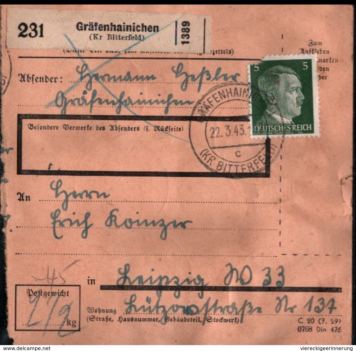 ! 1943 Paketkarte Deutsches Reich, Gräfenhainichen Nach Leipzig, Zusammendrucke - Briefe U. Dokumente