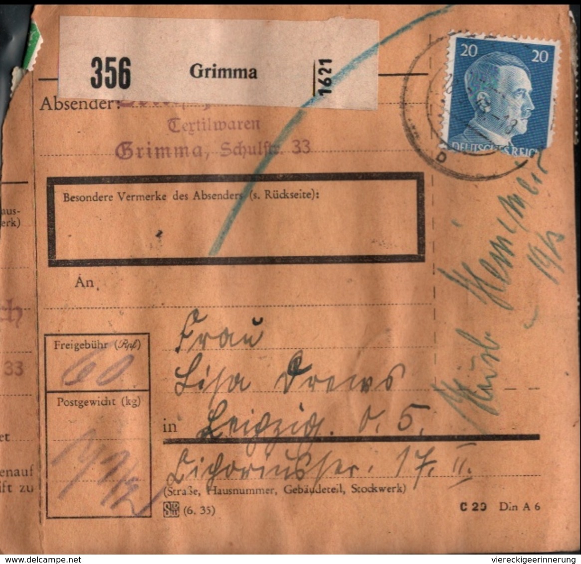 ! 1943 Paketkarte Deutsches Reich, Grimma Nach Leipzig, Zusammendrucke - Briefe U. Dokumente