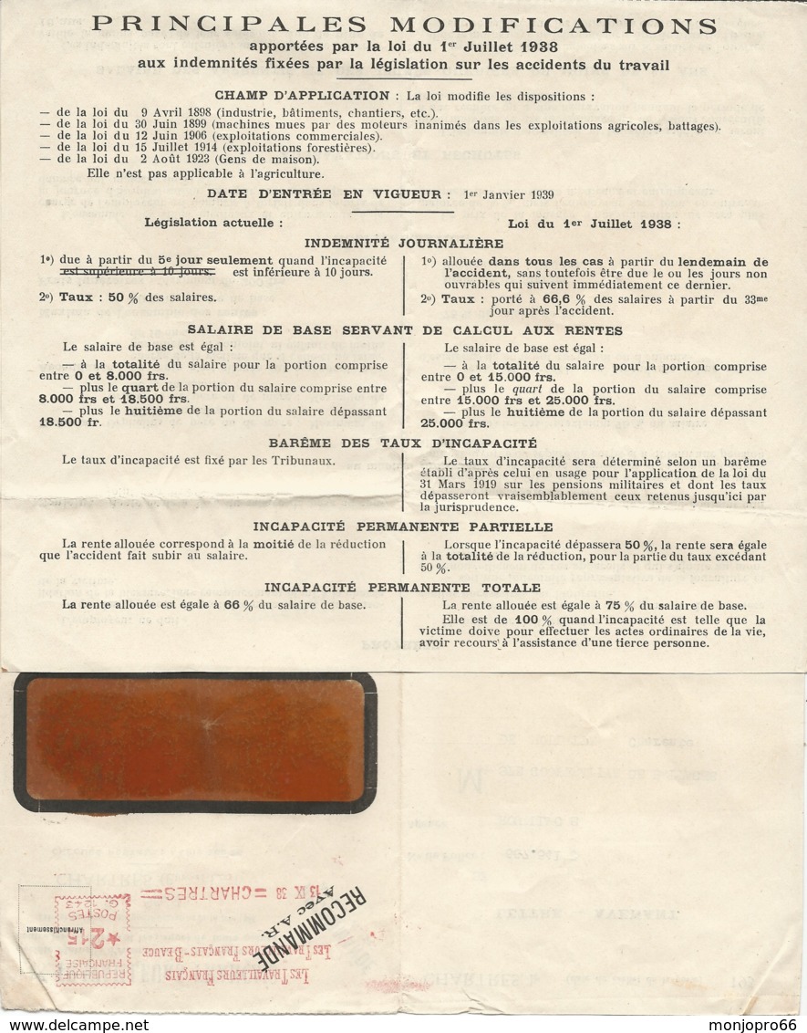 Lettre – Avenant Des Travailleurs Français De Chartres Du 13 09 1938 - Autres & Non Classés