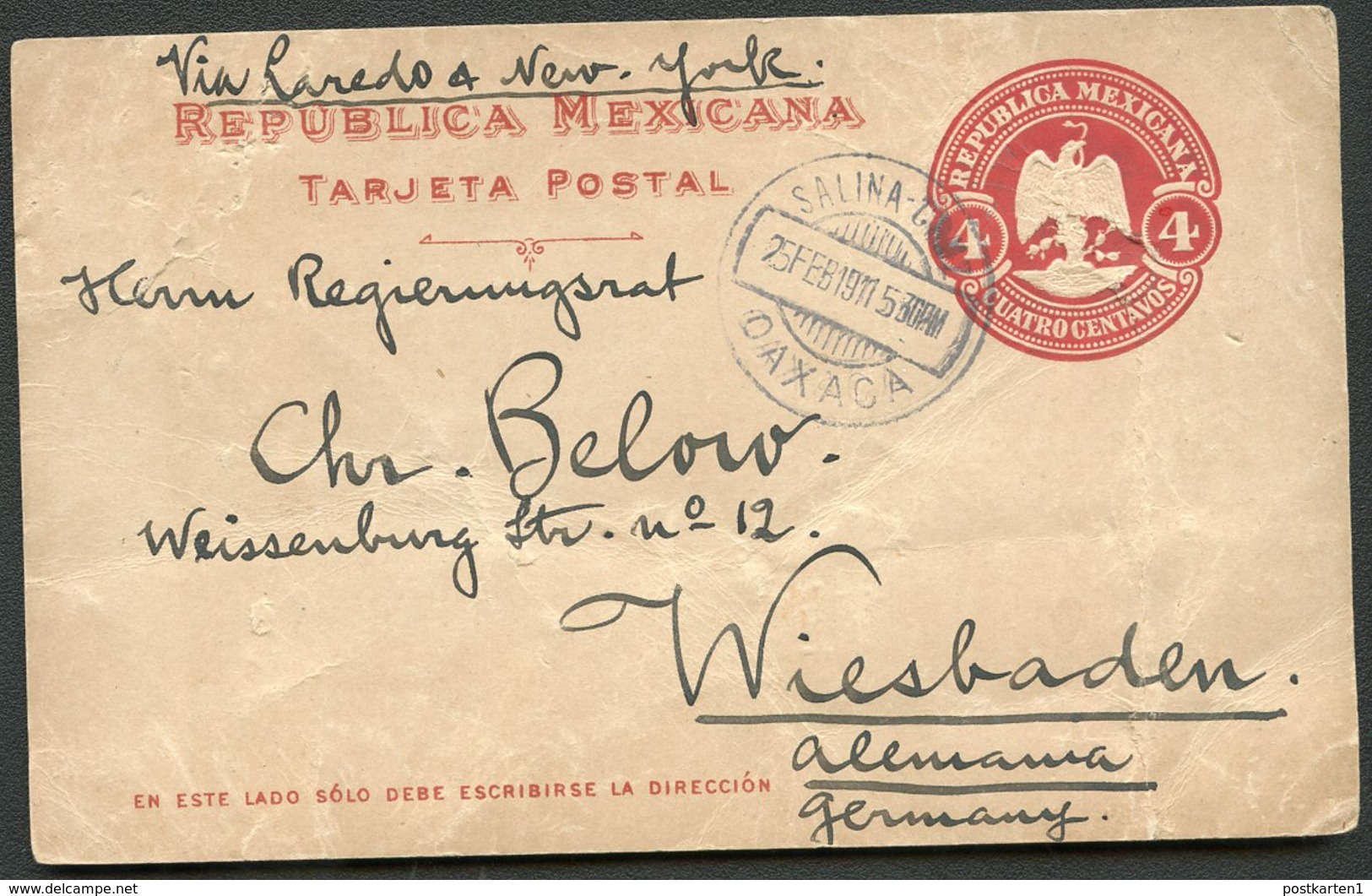 Mexico Postal Card MEPSI #PC116 Used SALINA CRUZ To Germany 1911 - Mexico