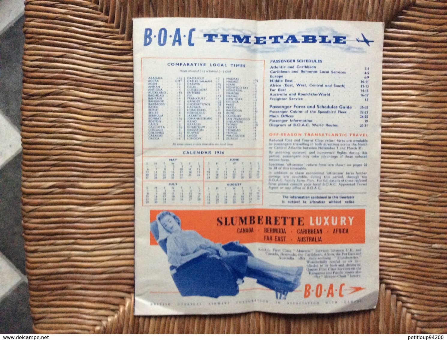 B.O.A.C. HORAIRES/TIME TABLE  Annee 1956 - Horaires