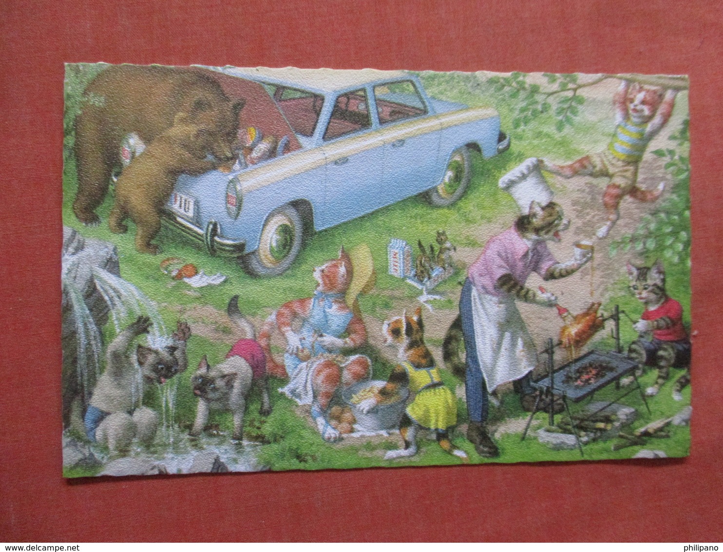 Dressed Cat Picnic  Bears In Trunk Of Car         Ref 3901 - Katten