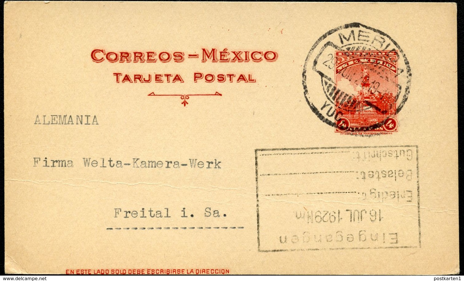 Mexico Postal Card MEPSI #PC129 Used Merida Yuc. To Germany 1929 - Messico