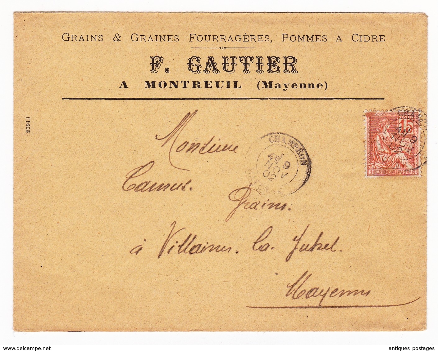 Lettre Champéon 1902 Mayenne F. Gautier Montreuil Grains & Graines Fourragères Pommes à Cidre - 1900-02 Mouchon