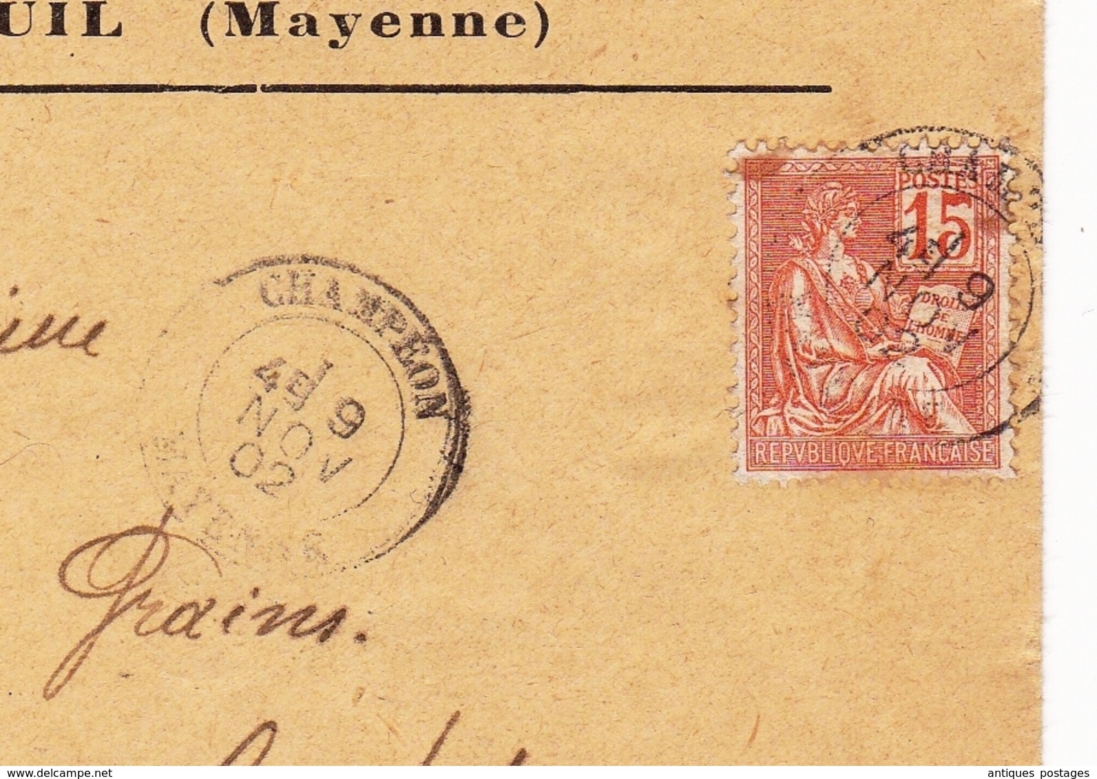 Lettre Champéon 1902 Mayenne F. Gautier Montreuil Grains & Graines Fourragères Pommes à Cidre - 1900-02 Mouchon
