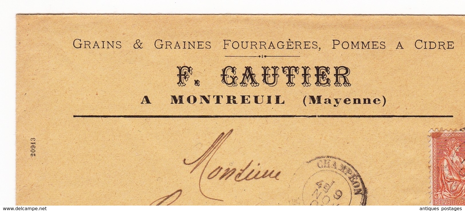 Lettre Champéon 1902 Mayenne F. Gautier Montreuil Grains & Graines Fourragères Pommes à Cidre - 1900-02 Mouchon