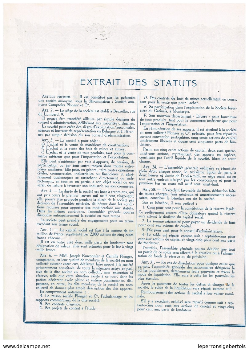 Titre Ancien - Société Anonyme Comptoirs Plonger & Cie - Titre De 1927 - - Industrie