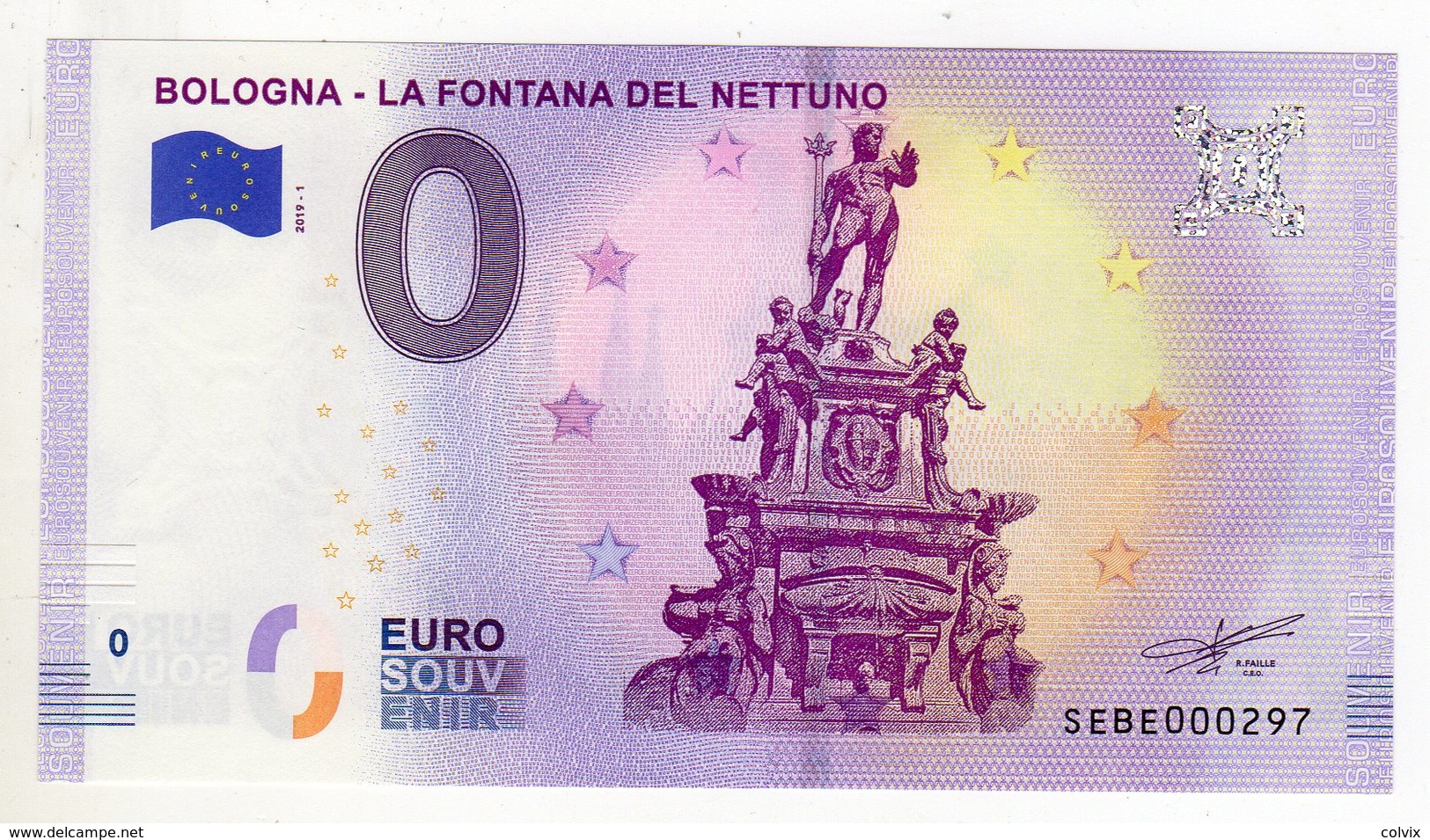 2019-1 BILLET TOURISTIQUE ITALIE 0 EURO SOUVENIR N°SEBE000297 BOLOGNE LA FONTAINE DE NEPTUNE - Essais Privés / Non-officiels