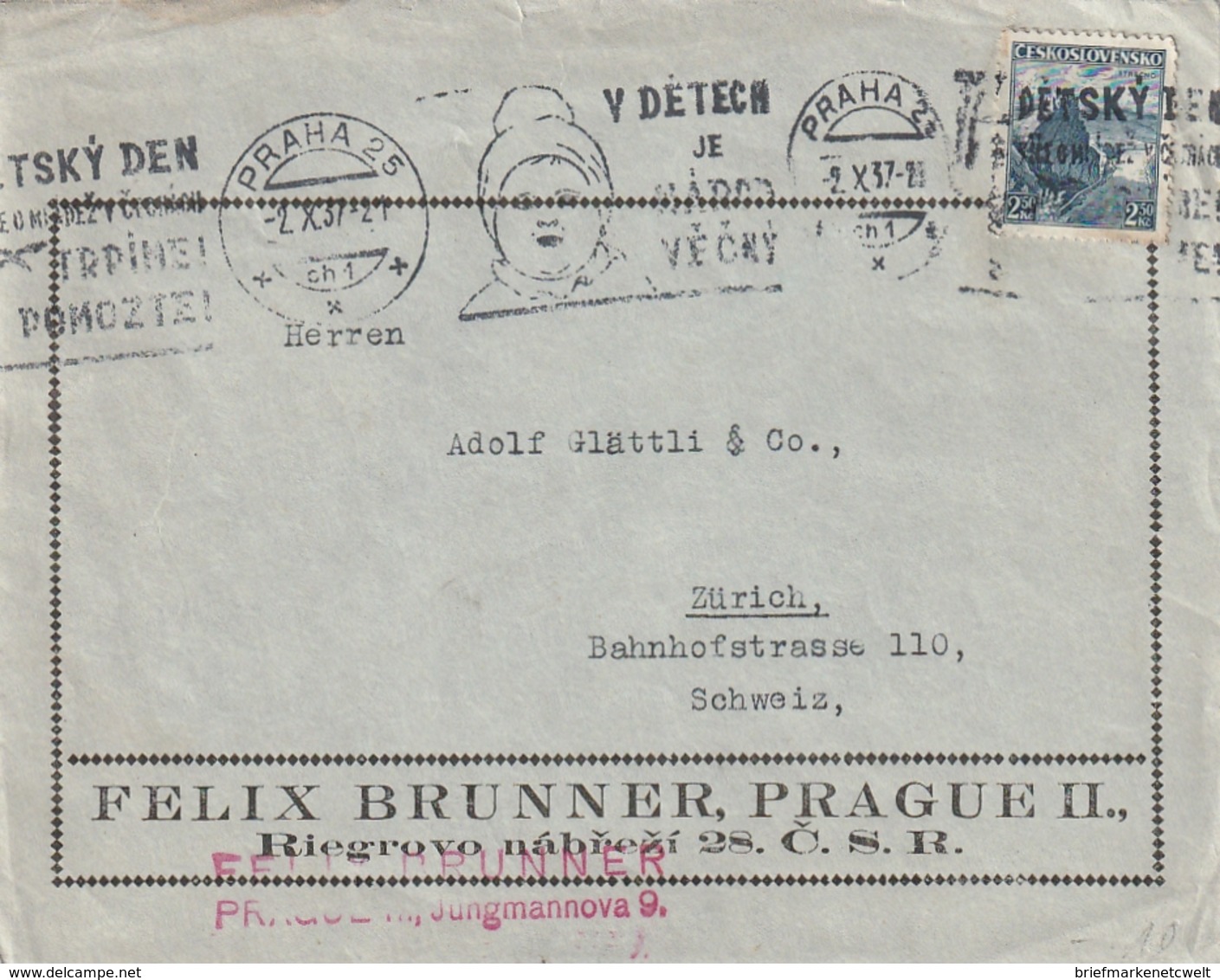 Tschechoslowakei / 1937 / Brief Masch.-Stempel PRAHA, Firmenzudruck, Rs. Vignette (AE96) - Covers & Documents