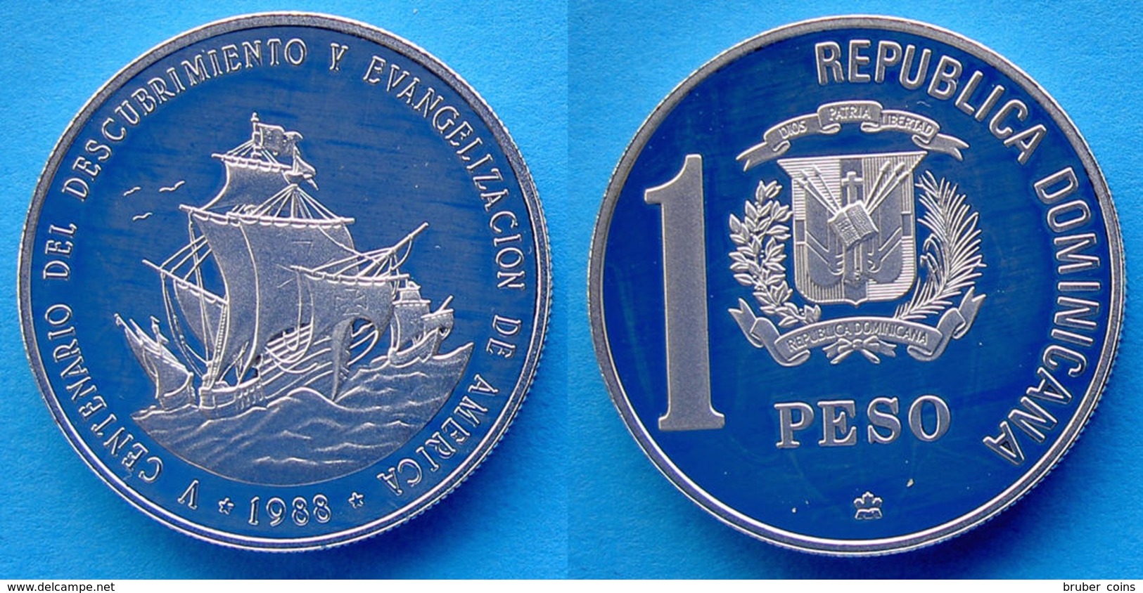 DOMINICAN REPUBLIC 1 P 1988 ARGENTO PROOF SILVER 999 OZ DISCOVERY AND EVANGELIZATION PESO 31,47g TITOLO 0,99 UNC - Dominicana