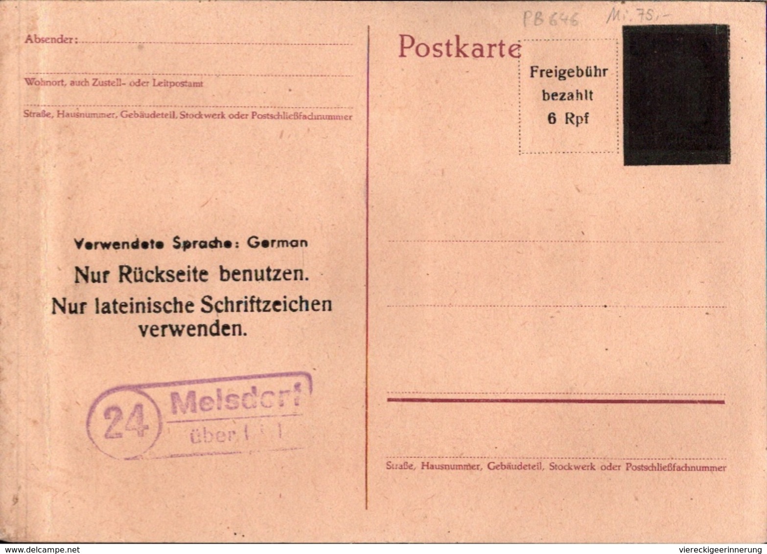 ! Not Ganzsache (PB 646 ?) Melsdorf über Kiel Schleswig Holstein, Rückseitig AM Post Marken Hannover SSt 1945 - Altri & Non Classificati