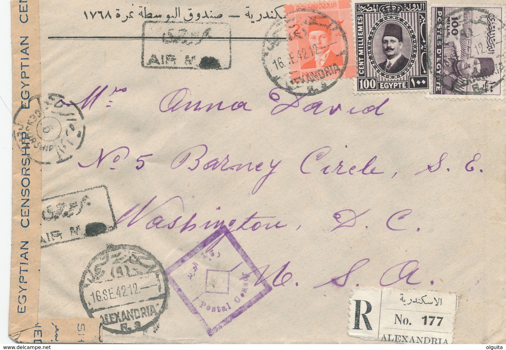 036/31 -- EGYPT WWII CENSORSHIP - Air Registered Cover Franked EGYPT ALEX 1942 To USA - Purple Form Censor - Lettres & Documents