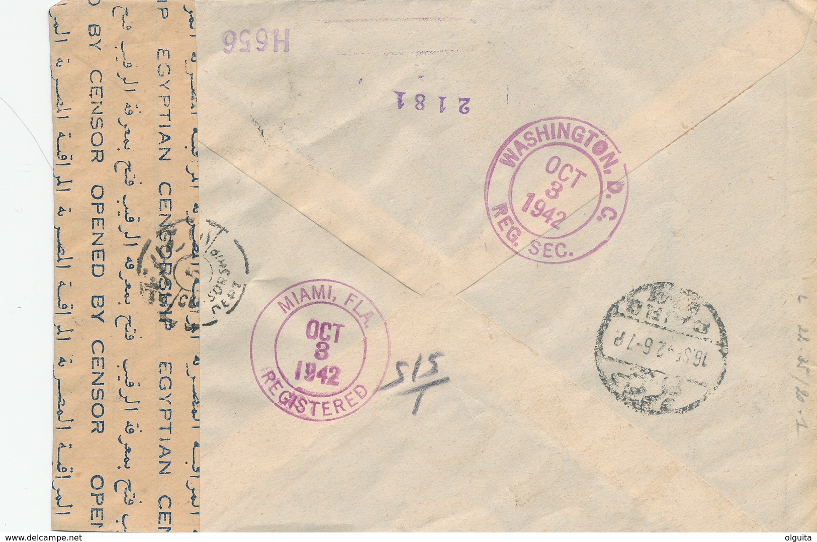 036/31 -- EGYPT WWII CENSORSHIP - Air Registered Cover Franked EGYPT ALEX 1942 To USA - Purple Form Censor - Lettres & Documents