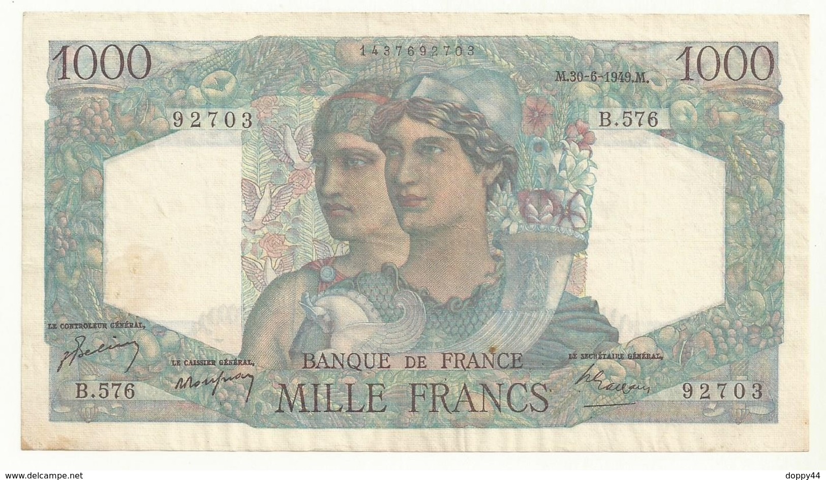 BILLET 1000 Franc F.41-27 MINERVE ET HERCULE M.30-6-1949.M  AVEC TROUS EPINGLE  BEL ASPECT CRAQUANT. - 1 000 F 1945-1950 ''Minerve Et Hercule''
