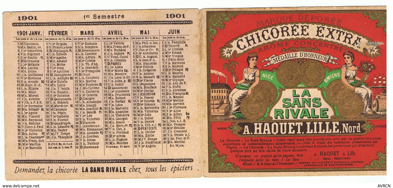 Mini Calendrier  1901 La Chicorée Extra / La Sans Rivale ( A.HAQUET.LILLE.NORD) - Small : 1901-20