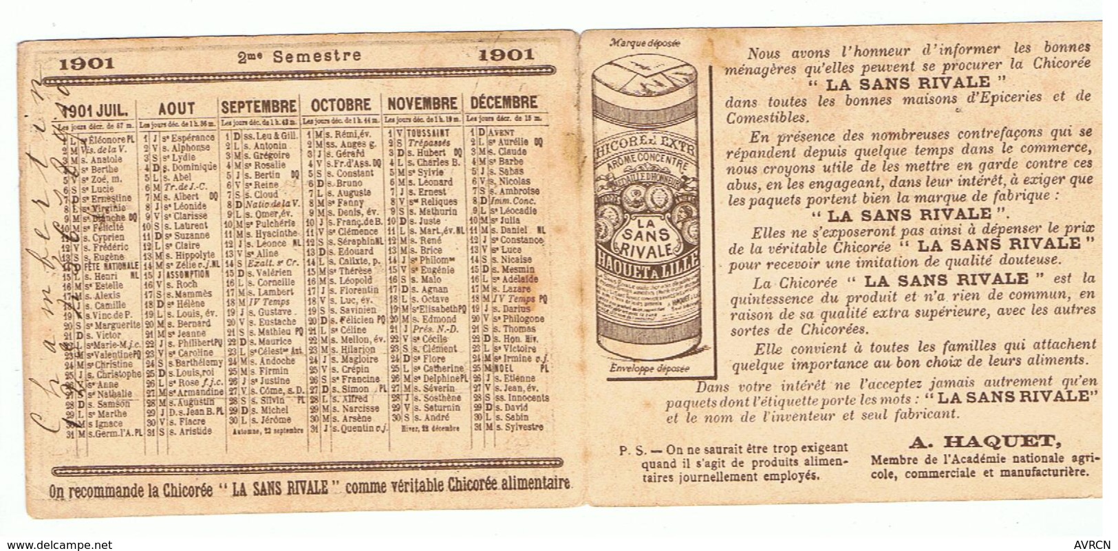 Mini Calendrier  1901 La Chicorée Extra / La Sans Rivale ( A.HAQUET.LILLE.NORD) - Small : 1901-20