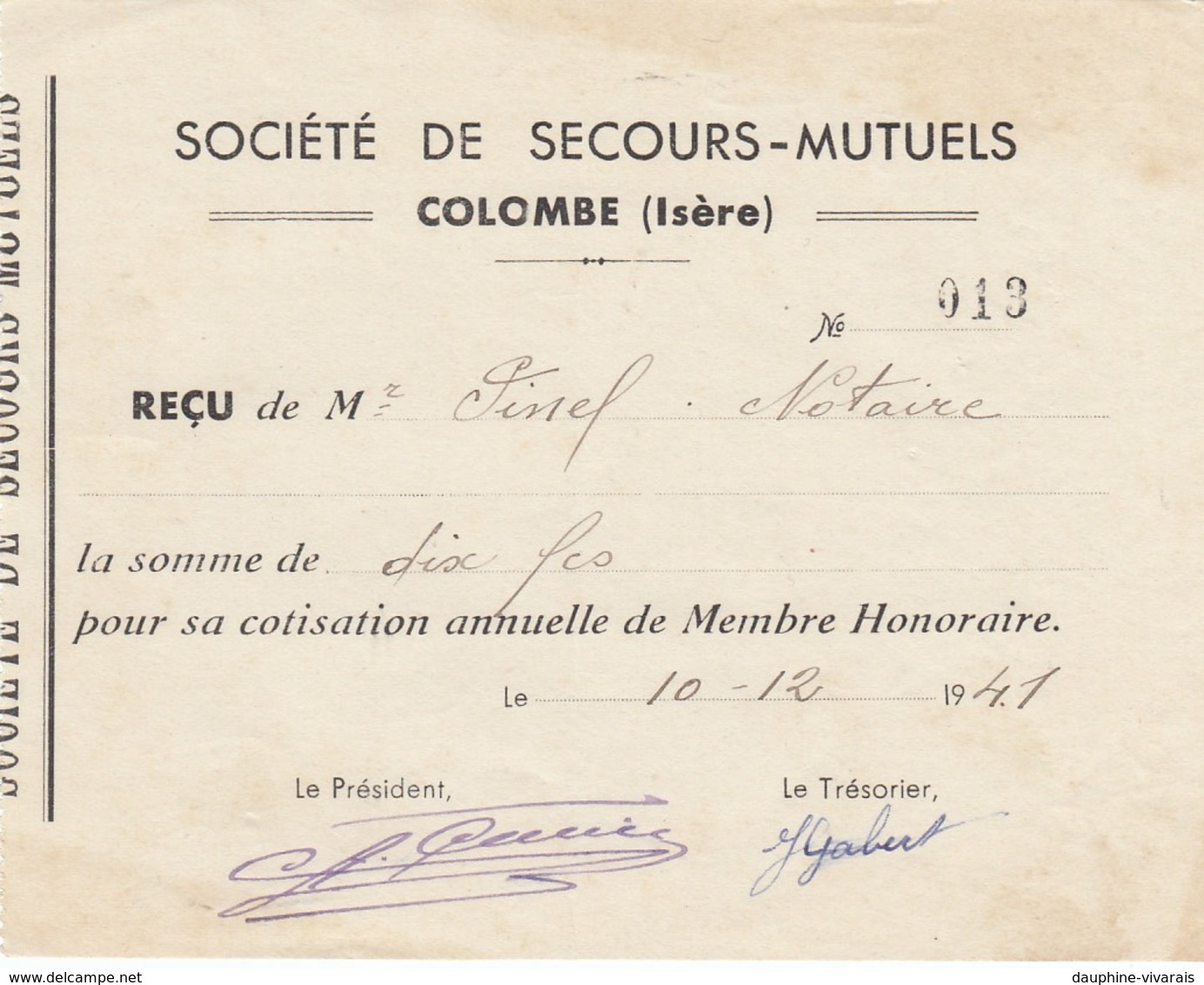 RECU DE LA SOCIETE DE SECOURS MUTUEL - COLOMBE - ISERE 38 -1941 - VIEUX PAPIERS - Autres & Non Classés