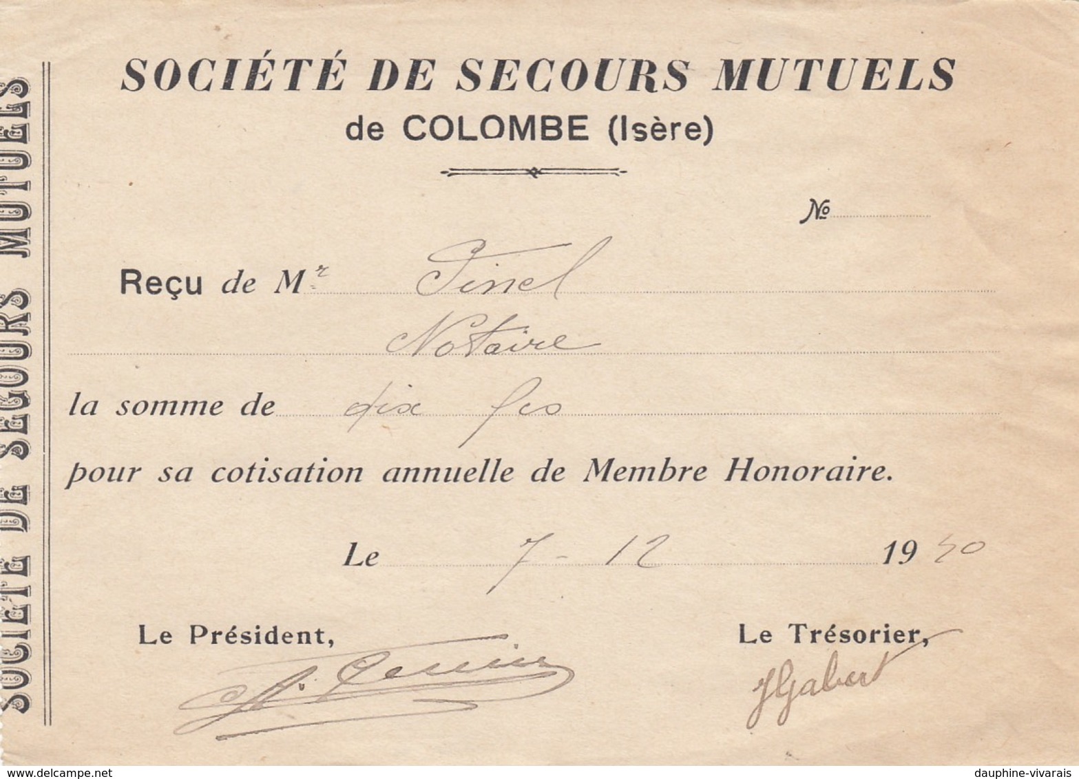 RECU DE LA SOCIETE DE SECOURS MUTUEL- COLOMBE - ISERE 38 -1940 - Autres & Non Classés