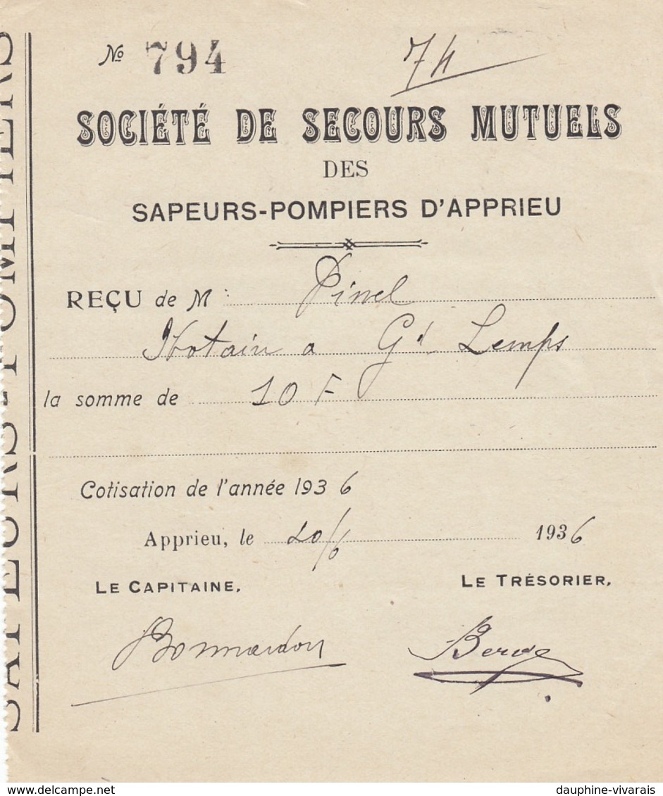 RECU DE LA SOCIETE DE SECOURS MUTUEL DES SAPEURS POMPIERS - APPRIEU - ISERE 38 -1936 - VIEUX PAPIERS - Autres & Non Classés