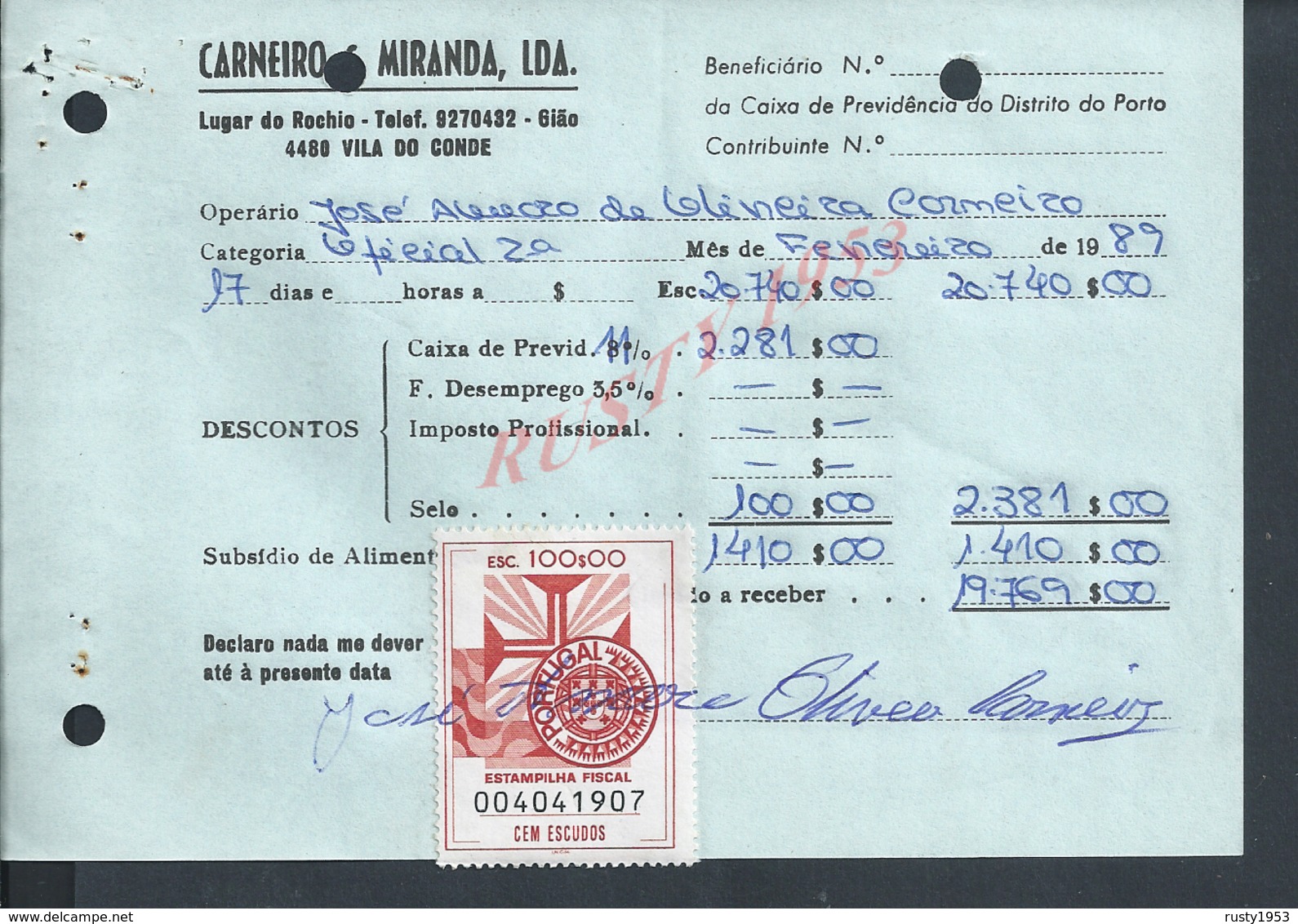 DOCUMENT COMMERCIAL 1989 DE CARNEIRO & MIRANDA GIAO VILA DO CONDE SUR TIMBRES FISCAUX DU PORTUGAL : - Covers & Documents