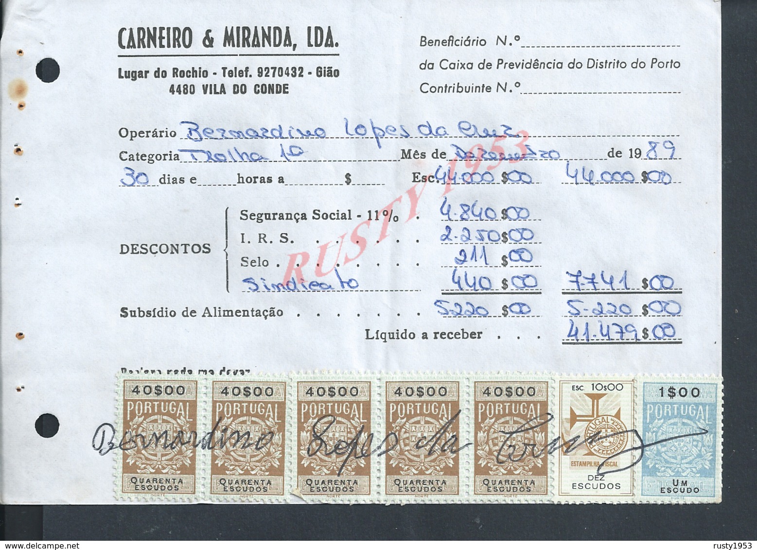 DOCUMENT COMMERCIAL 1989 DE CARNEIRO & MIRANDA GIAO VILA DO CONDE SUR TIMBRES FISCAUX DU PORTUGAL : - Lettres & Documents