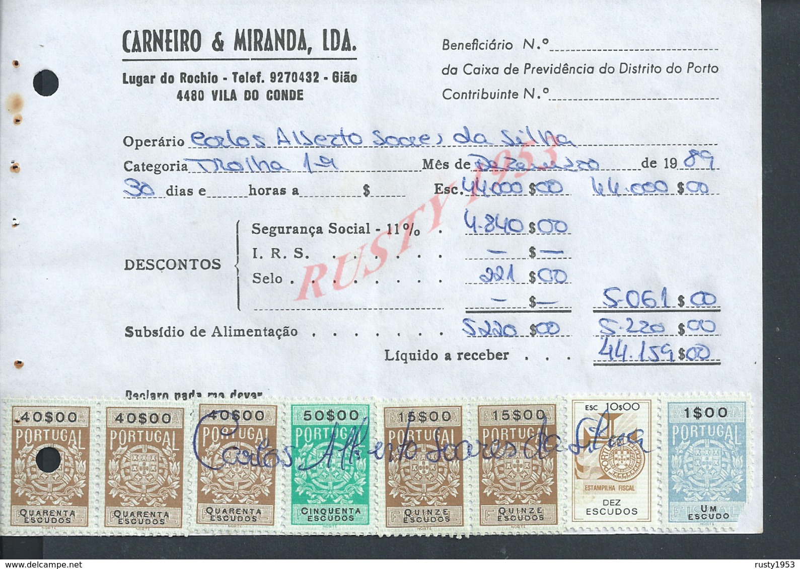 DOCUMENT COMMERCIAL 1989 DE CARNEIRO & MIRANDA GIAO VILA DO CONDE SUR TIMBRES FISCAUX DU PORTUGAL : - Storia Postale