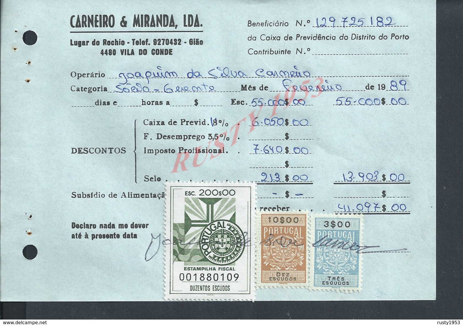 DOCUMENT COMMERCIAL 1989 DE CARNEIRO & MIRANDA GIAO VILA DO CONDE SUR TIMBRES FISCAUX DU PORTUGAL : - Briefe U. Dokumente