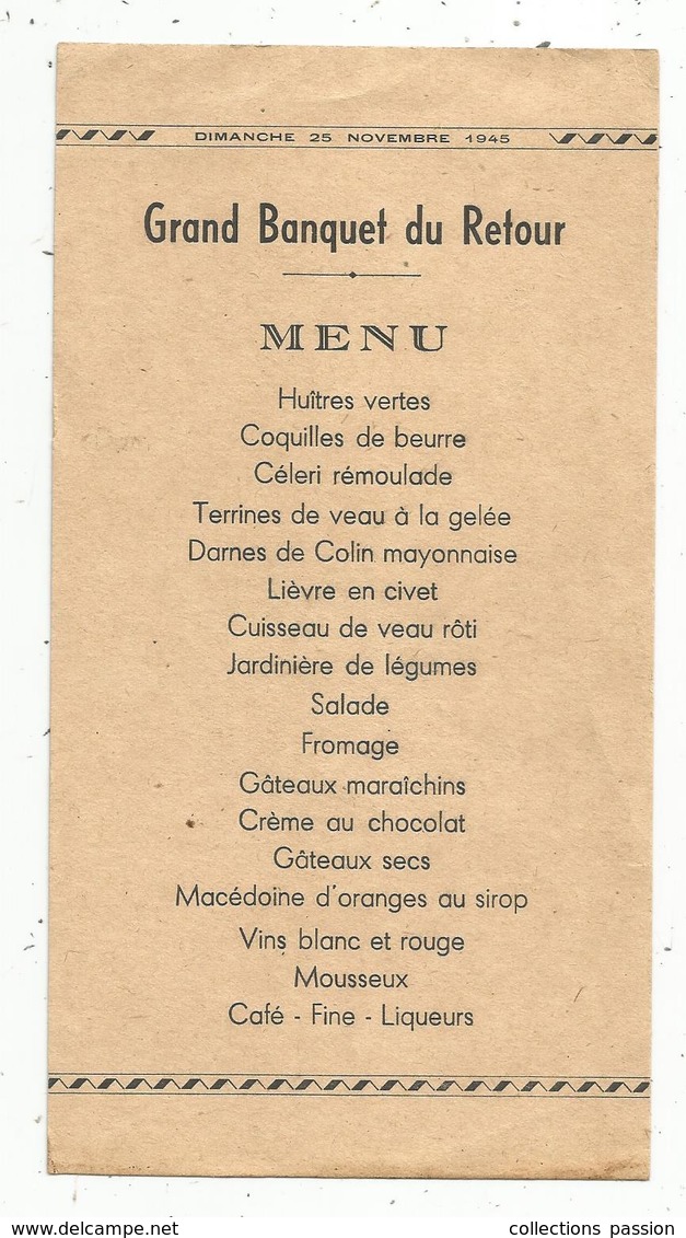 Menu ,1945 ,  GRAND BANQUET DU RETOUR,  Frais Fr 1.55 E - Menu